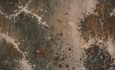 A painting of a tree with brown and orange splatters on it. The splatters give the painting a sense...