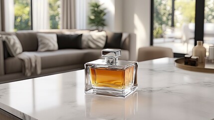 A meticulously crafted glass perfume bottle rests on a luxurious marble table, surrounded by delicate flowers and bathed in warm, inviting light. The ambience suggests sophistication