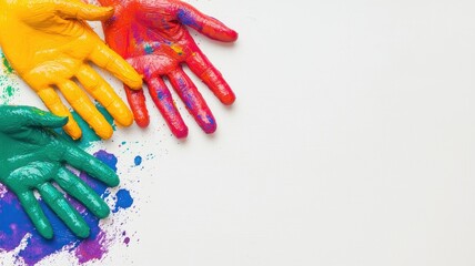 Vibrant, multi-colored hands covered in paint create a playful, artistic scene against a blank background.