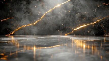 Empty dark marble room with gold cracks, smoky spotlight, reflective floor