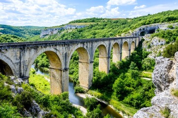 Fototapeta premium A scenic view of a historic stone viaduct