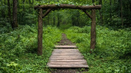Wooden archway forest path, lush green nature, tranquil scene, wedding ceremony backdrop