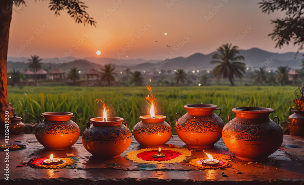 Aufkleber A group of five clay pots with candles inside them are arranged on a table. The candles are lit and the pots are placed in a row. The scene has a warm and inviting atmosphere, with the candles