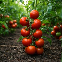 Tomato plants in greenhouse, ripe red tomatoes on vines, rows of tomato plants, dirt path between plants, green foliage, agricultural scene, fresh produce, organic farming, vibrant colors, close-up vi