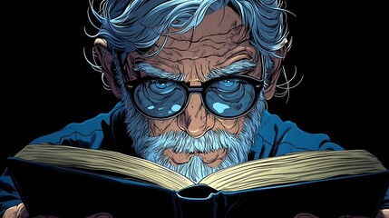 Elderly Man with Blue Hair Reading a Book