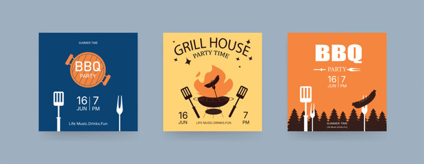 Set of BBQ Invitation Banner, barbeque invitation, Barbecue Square banner. Retro Style.