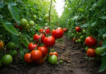Tomato plants in greenhouse, ripe red tomatoes on vines, rows of tomato plants, dirt path between plants, green foliage, agricultural scene, fresh produce, organic farming, vibrant colors, close-up vi