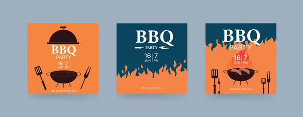 Set of BBQ Invitation Banner, barbeque invitation, Barbecue Square banner. Retro Style.