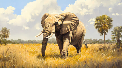 Fototapeta premium Majestic elephant encounter african savannah wildlife art serene landscape side view natural habitat exploration. Exotic Wildlife Encounter. Illustration