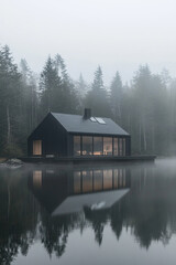 Fototapeta premium Modern black cabin situated by a serene lake surrounded by misty forest in early morning light inviting tranquility and escape into nature