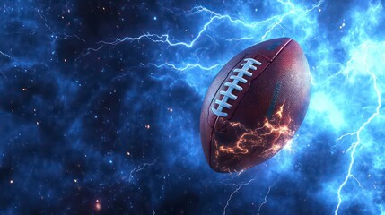 American football ball floating in an electrified blue mist with lightning strikes