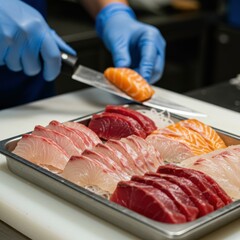 Sushi preparation, fresh raw fish slices, metal tray, blue gloved hands, chef knife, vibrant salmon, tuna, yellowtail, precision cutting, restaurant kitchen, culinary art, close-up shot, high-quality 
