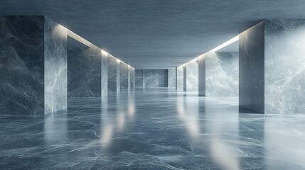 Empty marble hall with illuminated ceiling, shiny floor, modern architecture