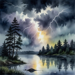watercolor Illustration of a lightning storm illuminating the night sky above a lake. Show bolts of lightning splitting the clouds