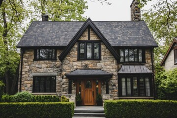 Beautiful stone house with dark windows and a welcoming entrance surrounded by lush greenery on a calm residential street