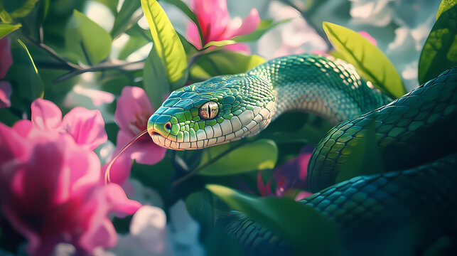 Serpent encounter in serenity floral oasis wildlife photography tranquil environment close-up view nature's beauty. Exotic Wildlife Encounter. Illustration