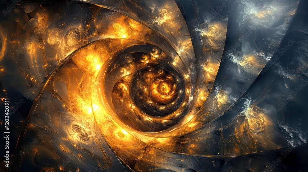 Wall mural an abstract image showcasing a spiral of metallic elements accentuated by glowing lights, illustrati