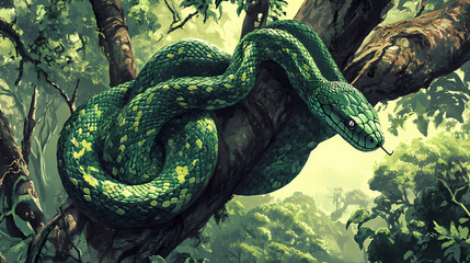 Serpentine treetop embrace - nature's emerald majesty. Exotic Wildlife Encounter. Illustration
