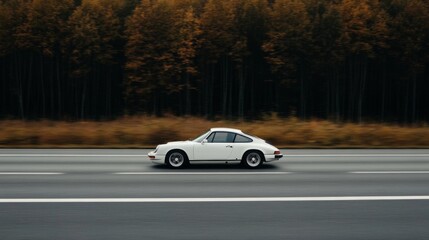 White classic car driving on highway, autumn forest background.