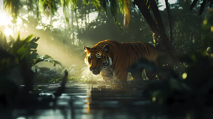 Tiger encounter in tropical jungle wildlife photography lush environment close-up view captivating nature experience. Exotic Wildlife Encounter. Illustration