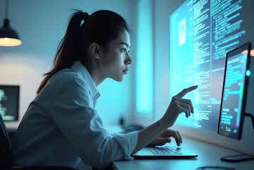 Girl uses artificial intelligence (AI) with ChatGPT learns analytics, customer data analysis. Chat bot . Modern technology.