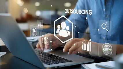 Global Outsourcing: Businessman using laptop, connecting worldwide, human resources, recruitment,   