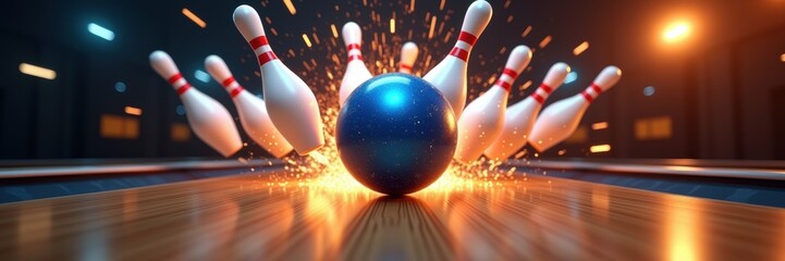 A dynamic image capturing a bowling ball striking pins with dramatic lighting and sparks, perfect for promoting bowling alleys, tournaments, or sports events.