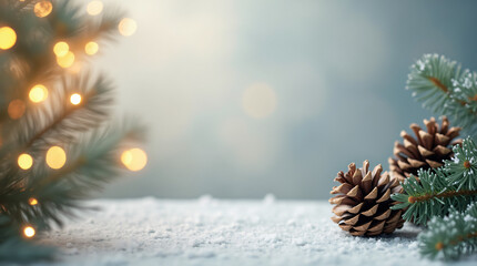 A Blurred Background of Christmas Tree Lights and Pine Cones on the Side With Space for Text on a Light Background