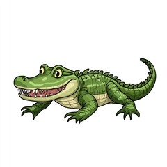 Happy alligator cartoon, swamp background, children's book illustration