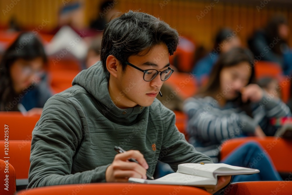 Poster a young student wearing glasses takes notes in a notebook while attentively listening to a lecture i