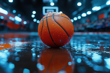 A close-up of an orange basketball glistening with water droplets, placed on a reflective wet court under the dramatic glow of indoor lights.