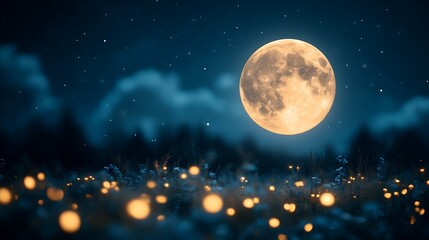 Magical Night Scene With Full Moon And Glowing Field