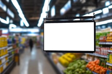 Obraz premium Blank White Supermarket Banners Hanging From Ceiling