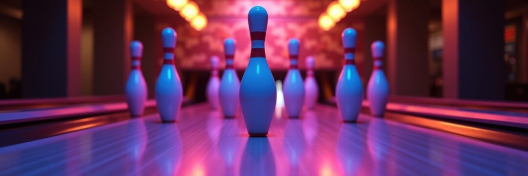 Captivating view of a bowling alley with neon lights highlighting the pins, creating an energetic atmosphere perfect for leisure, entertainment, or event promotion.