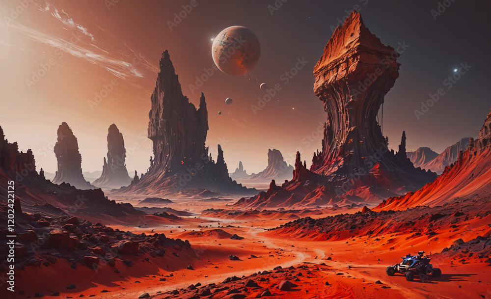 Poster a desolate desert landscape with a blue car driving through it. the sky is filled with planets and s