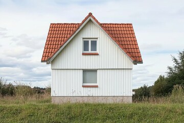Obraz premium This delightful little house features a charming red-tiled roof and is nestled in a picturesque rural area under a cloudy sky