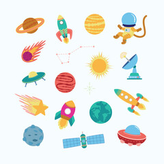 Space Exploration Elements Featuring Rockets, Planets, and Astronaut Hand Drawn Flat Style
