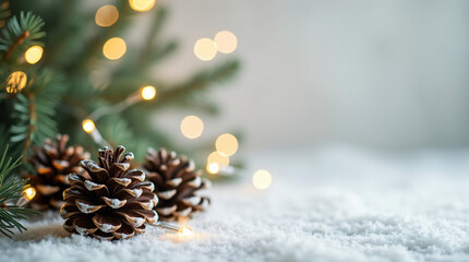 Obraz premium A Blurred Background of Christmas Tree Lights and Pine Cones on the Side With Space for Text on a Light Background