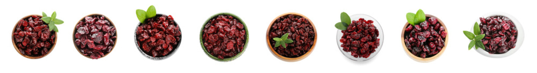 Set of tasty dried cranberries on white background, top view