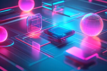 Abstract Neon Glow Shapes on Circuit Board