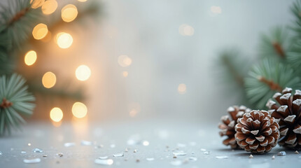 A Blurred Background of Christmas Tree Lights and Pine Cones on the Side With Space for Text on a Light Background