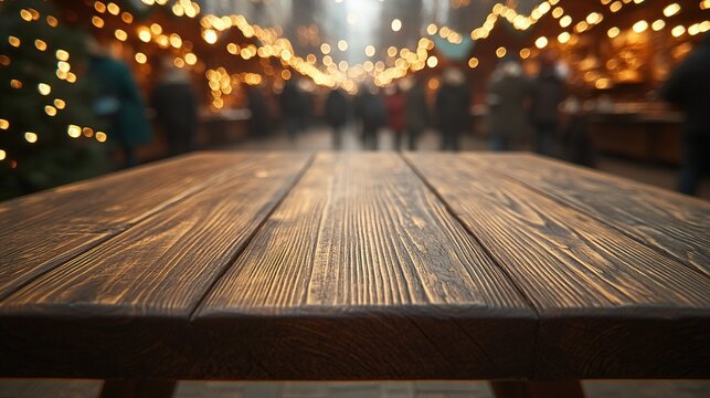 Empty wooden table at blurred Christmas market