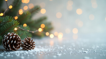 A Blurred Background of Christmas Tree Lights and Pine Cones on the Side With Space for Text on a Light Background