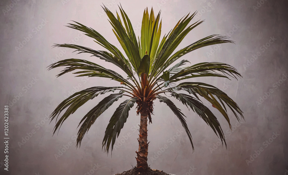 Poster A palm tree is standing tall in front of a grey wall. The tree is the main focus of the image, and it is the only thing in the scene. The grey wall and the tree create a sense of calm