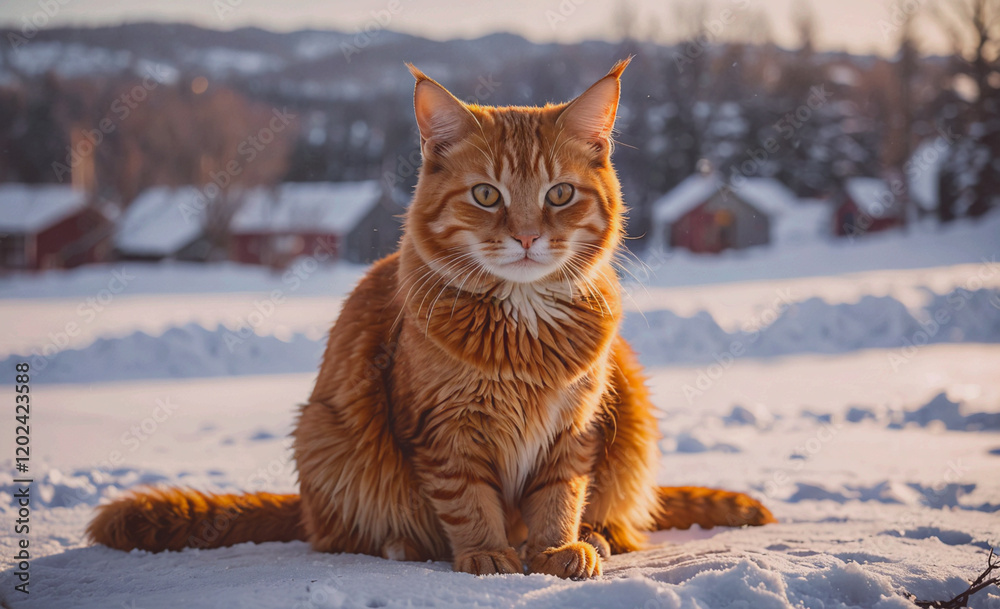 Poster a cat is sitting in the snow, looking at the camera. the cat is orange and has long fur. the scene i