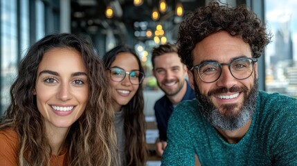 Fototapeta premium Group of happy diverse young colleagues smiling together during a meeting in a bright modern office.