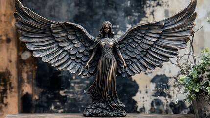 Fototapeta premium Antique bronze angel sculpture with detailed wings, showcasing vintage craftsmanship. Timeless and spiritual decorative piece with intricate design elements.