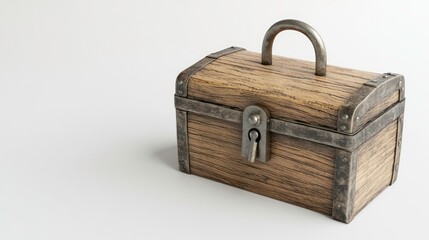 Antique wooden treasure chest with a padlock on a white isolated background