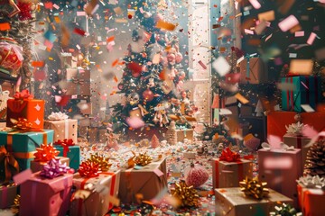 Fototapeta premium A festive Christmas scene filled with wrapped presents and falling confetti, A whimsical scene overflowing with presents and confetti
