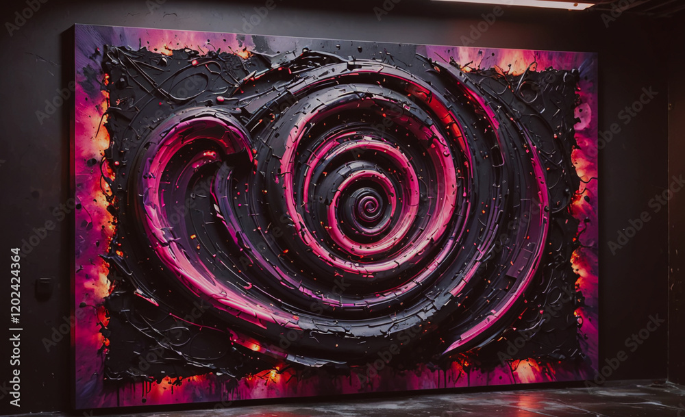 Poster a large, abstract painting of a spiral with a heart in the middle. the painting is black and red wit